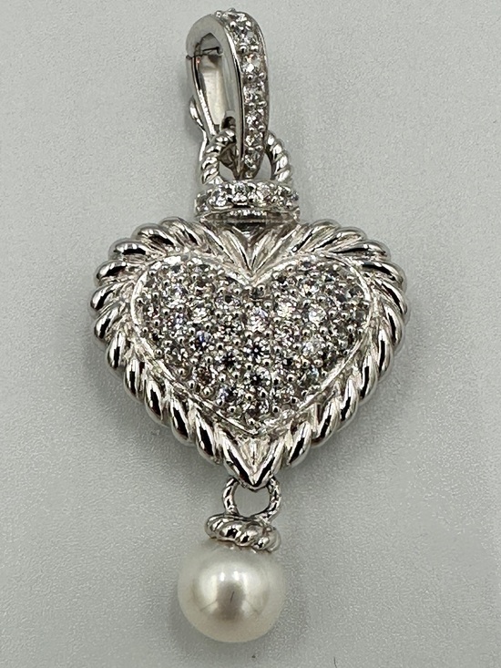 Judith Ripka Jewelry - New Judith Ripka 925 Sterling Silver Puffed Heart Dangling Pearl Pendant Charm